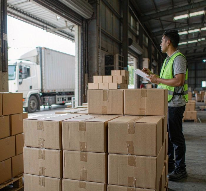 Export warehouse with cartons on pallets ready for container loading